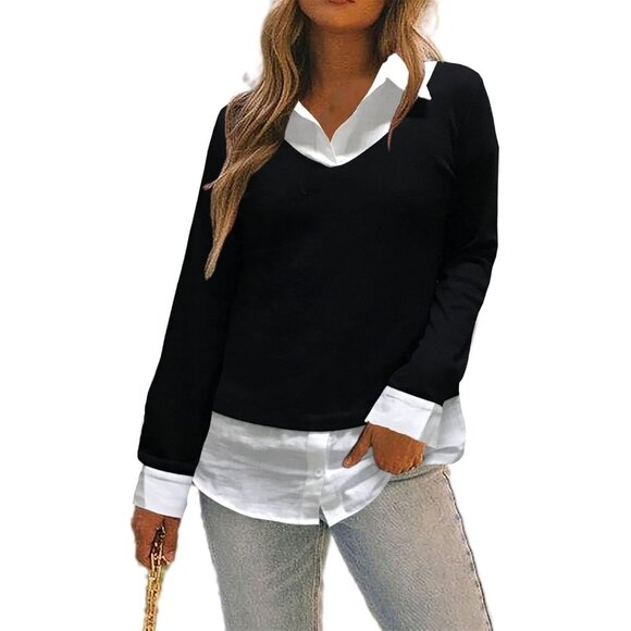 🆕Women Black Classic Collar Top Curved Hem Knit Pullover Plaid Contrast T-Shirt - Picture 1 of 2
